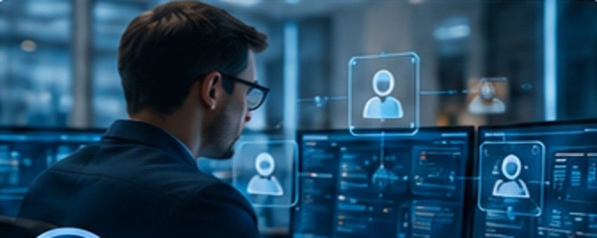 Cybersecurity analyst working at monitors